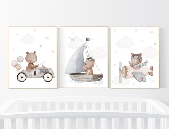Nursery decor bear, gender neutral nursery, travel nursery, plane nursery, car nursery, bear nursery print, teddy bear decor, grey nursery