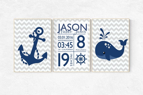 Nautical nursery prints, baby birth stats, Nautical decor, navy gray nursery, navy nursery decor, set of 3, name sign, Birth announcement