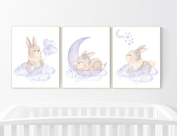 Bunny nursery wall art, girl nursery decor, purple nursery decor, lilac nursery decor girl, lavender nursery, rabbit nursery art, set of 3