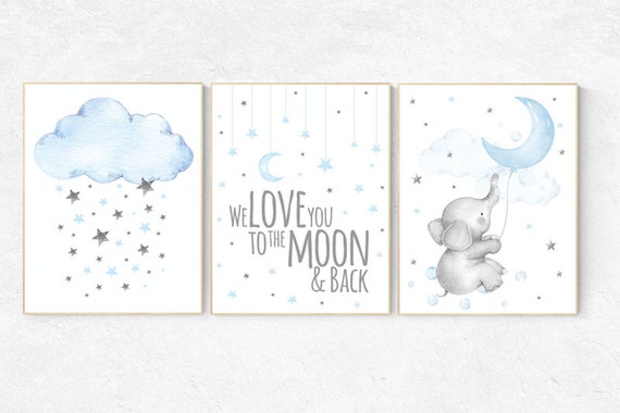 Nursery decor boy elephant, blue gray, grey, moon and cloud, we love you to the moon and back, nursery wall art boy, boy nursery ideas