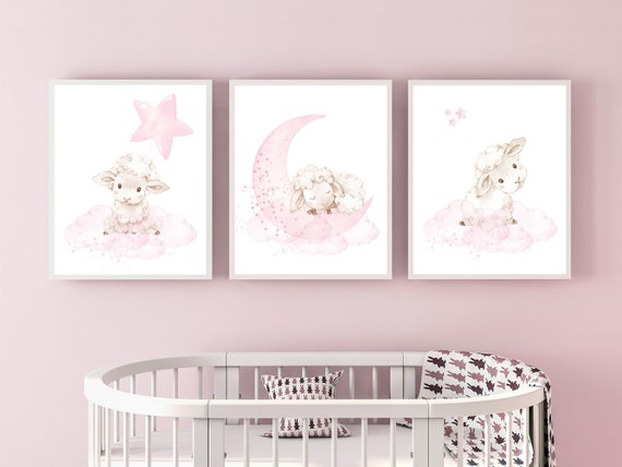 Sheep nursery decor, Nursery decor girl, nursery decor lambs, nursery wall art sheep, moon and cloud wall art nursery, girl nursery decor