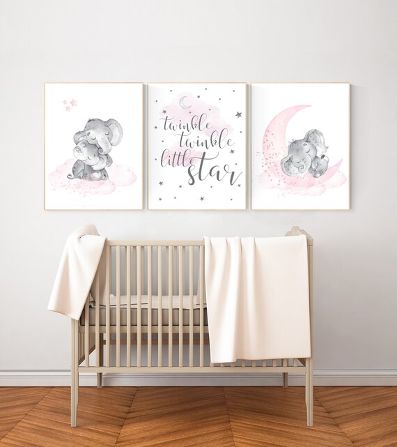 Elephant nursery, nursery wall art elephant, nursery decor girl, twinkle twinkle little star, baby room, girl nursery decor, moon and stars