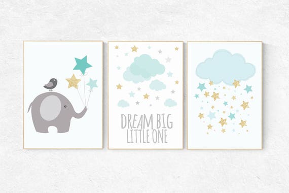 Nursery decor mint, elephant nursery, mint and gold nursery wall art, dream big little one, cloud nursery, nursery decor neutral, twins