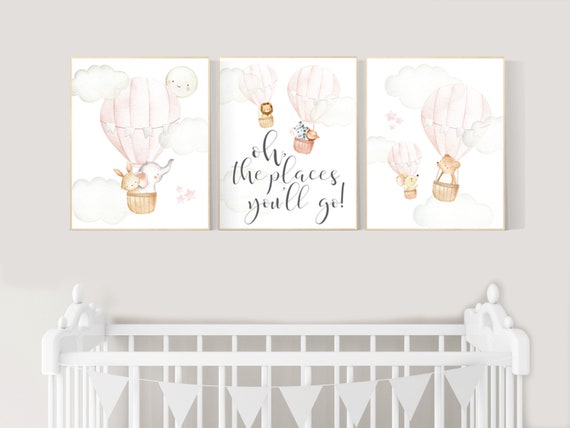 Nursery decor girl blush pink, nursery wall art hot air balloon, animal prints, nursery wall decor woodland animals, girl nursery ideas