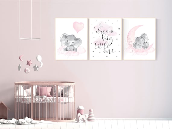 Elephant nursery art, nursery decor girl, pink and gray, cloud and stars, baby room decor girl, nursery prints girl, dream big little one