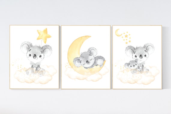 Koala nursery, yellow nursery, moon and stars, yellow gray nursery art, nursery prints animals, gender neutral nursery, koala mother