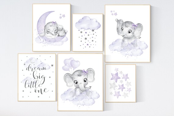 Nursery decor girl purple, nursery decor elephant girl, moon and stars, nursery prints girl, lavender, star nursery, lilac nursery decor,