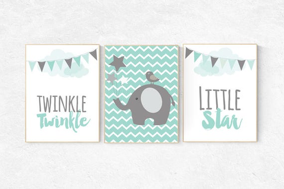 Twinkle Twinkle Little Star Do You Know How Loved You Are Kid's room nursery Print new baby set of 4, stars clouds elephant mint gray silver