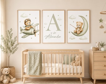 Teddy Bear Travel Nursery Print, Sage Green Bear Car Plane Boat Art