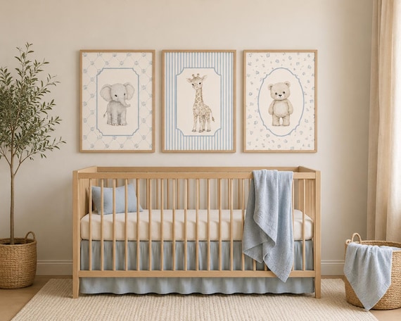 Navy Blue Nursery Prints: Bear, Elephant, Giraffe Animal Art