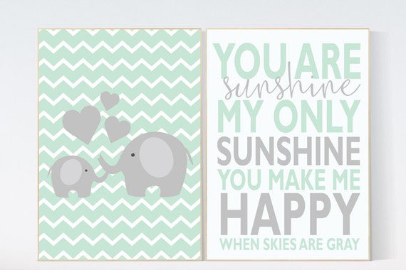 You Are My Sunshine Nursery Art, mint nursery decor, elephant nursery Baby Girl Baby Boy Toddler Room Wall Art Print Playroom Room baby gift