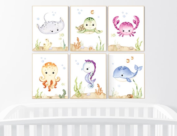Ocean Animal Prints, Under the Sea Nursery Prints, Sea Animal Wall Art, Playroom Decor, gender neutral nursery, nursery prints, sea themed