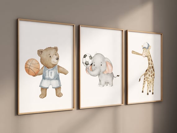 Sports nursery decor, Baby Animals Sport, Baby boy sports nursery, Safari nursery, baseball, soccer, basketball nursery, animal sports