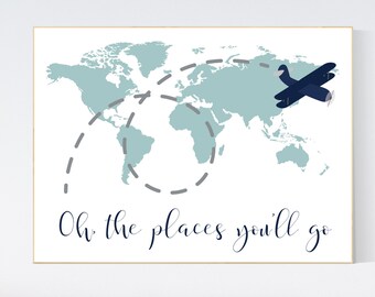 World Map Nursery Print: Navy Blue Airplane Adventure Art
