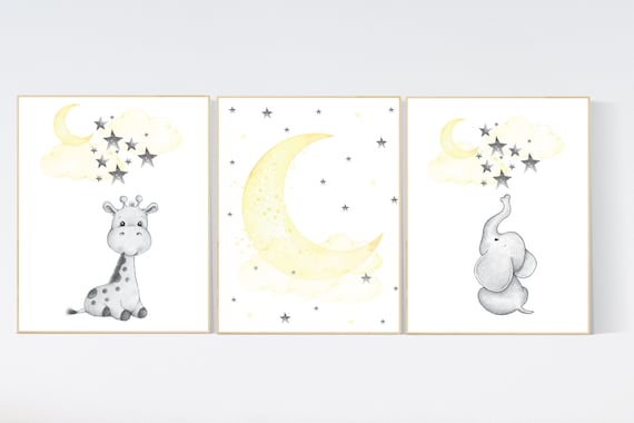 Nursery decor neutral, Yellow nursery, nursery wall art elephant, giraffe, moon, stars, gender neutral, yellow and gray nursery art