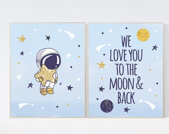 Outer space nursery wall art, we love you to the moon and back, navy space nursery decor, baby boy, moon print, playroom decor, kids room