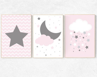 Pink Gray Nursery Art, Baby Girl Nursery Decor, Nursery Print, Baby Girl Pink Nursery Art, set of 3, Baby Girl Wall Art, cloud nursery print