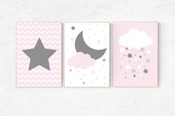 Pink Gray Nursery Art, Baby Girl Nursery Decor, Nursery Print, Baby Girl Pink Nursery Art, set of 3, Baby Girl Wall Art, cloud nursery print