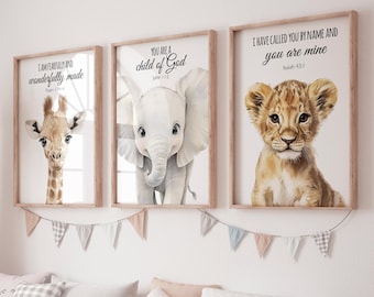 Safari Animal Nursery Prints: Christian Scripture Wall Art Set