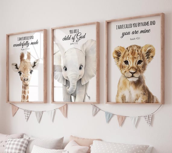 Safari Bible Verse Nursery Wall Art Set, Giraffe Elephant Lion Prints, Christian Baby Room Decor, Scripture Animal Posters for Kids