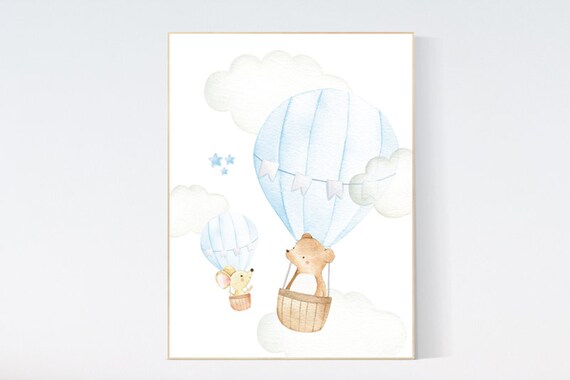 Nursery decor woodland animal, nursery decor boy, bear, giraffe, hot air balloon, nursery wall art animals, baby room art, baby blue nursery