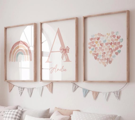 Pastel Rainbow Nursery Wall Art Set – Personalized Name Print – Heart and Bow Girl Room Decor – Blush Boho Baby Girl Wall Prints