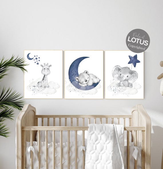 Nursery decor elephant and giraffe, animal nursery prints, navy nursery, navy blue nursery, baby room wall art, woodland animal prints