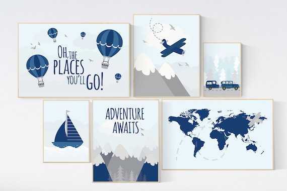 Adventure nursery decor, nursery decor boy adventure, nursery decor boy airplane, world map nursery, adventure awaits, oh the places