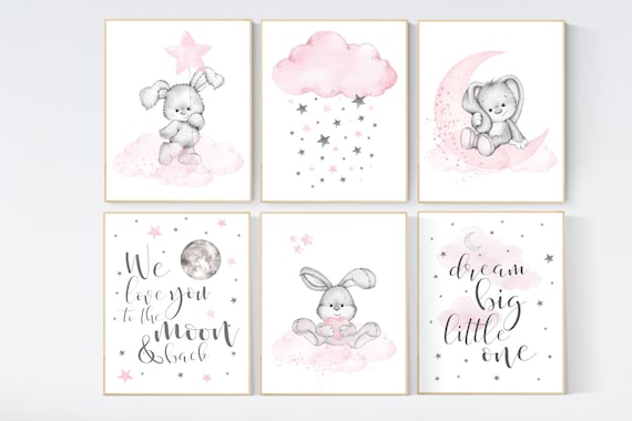 Nursery decor girl bunny, nursery decor girl pink gray, nursery decor girl animals, bunny nursery, rabbit nursery, pink and grey nursery