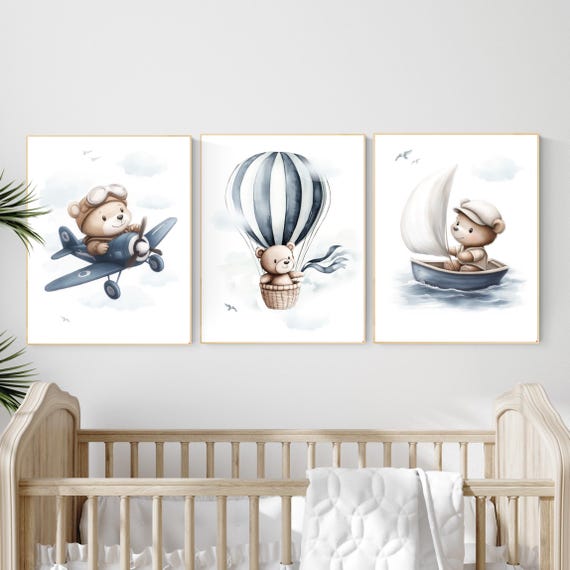 Blue Bear Adventure Wall Art Set of 3 | Airplane Balloon Boat Nursery Prints | Baby Boy Room Decor | Travel Themed Kids Wall Art