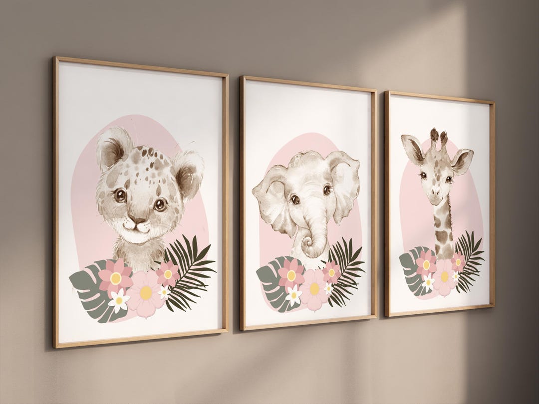 Pink Safari Animals Print: Floral Nursery Wall Art - Etsy