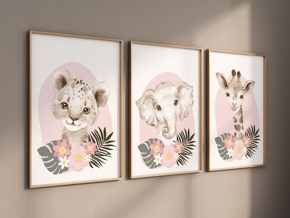 Safari Animals, girl nursery, Animals Prints, Woodland Nursery Decor, Safari Nursery Wall Art, floral animal prints, Pink Safari Animals