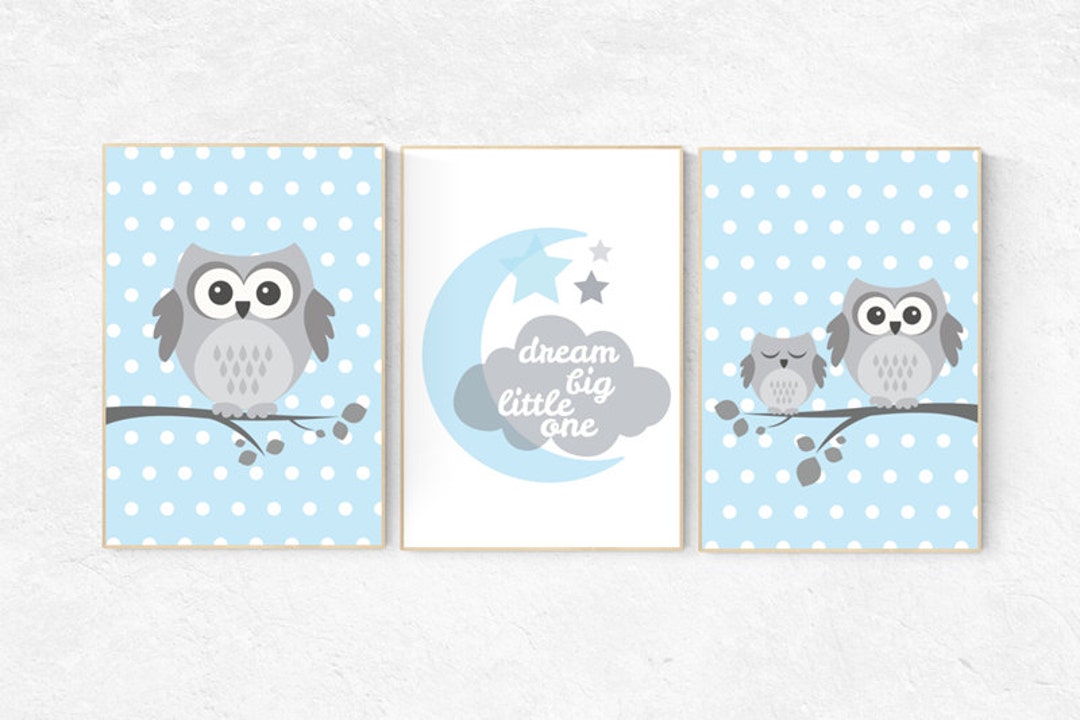 Owl Nursery Art Prints: Blue Gray Baby Boy Room Decor, Set of 3 - Etsy