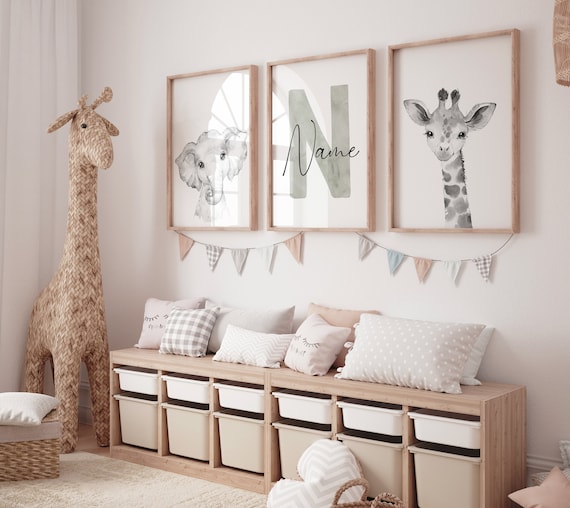 Nursery wall art animals, gray nursery, gender neutral nursery, sage green, baby room decor, giraffe, elephant, animal prints