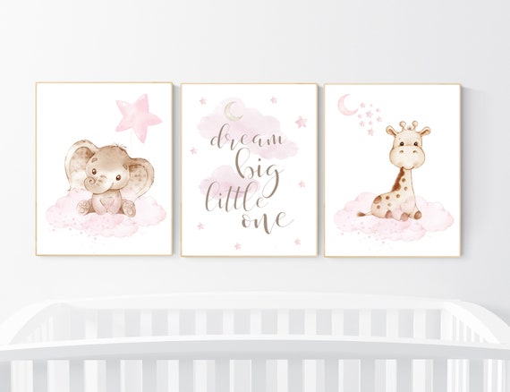 Nursery decor girl pink, woodland animals, nursery decor girl woodland animals, dream big little one, elephant, giraffe, Animal nursery