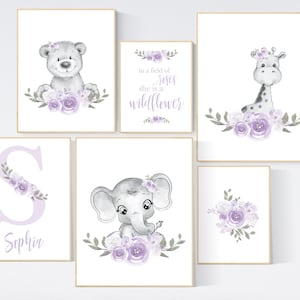 Nursery decor lilac, nursery decor girl boho, nursery wall art purple, lavender, animal nursery, elephant, bear, giraffe, boho nursery