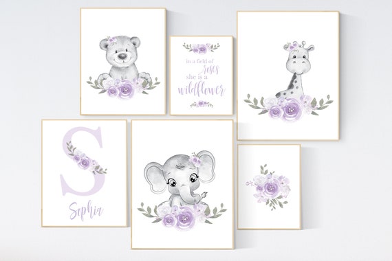 Nursery decor lilac, nursery decor girl boho, nursery wall art purple, lavender, animal nursery, elephant, bear, giraffe, boho nursery