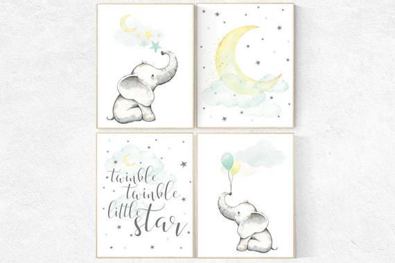 Mint and yellow nursery, nursery decor elephant, nursery prints, elephant nursery art, twinkle twinkle little star, mint and yellow, balloon