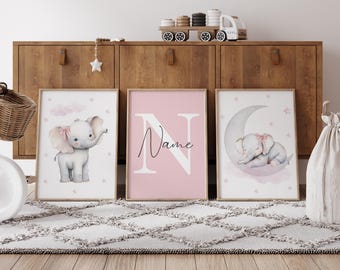 Personalized Elephant Nursery Prints Set: Pink Baby Girl Decor