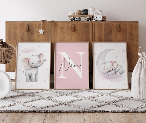 Personalized Elephant Nursery Prints Set: Pink Baby Girl Decor