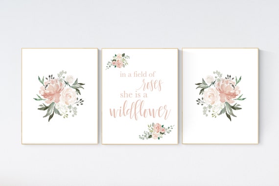 In a field of roses she is a wildflower, Nursery decor girl blush, nursery decor girl floral, blush nursery decor flower nursery,