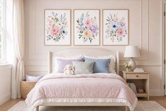 Pastel Floral Nursery Wall Art Set of 3, Watercolor Flower Prints for Girls Room