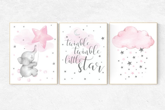 Nursery wall art elephant, Nursery decor girl, nursery decor girl pink and gray, pink nursery, elephant balloon, moon and stars nursery