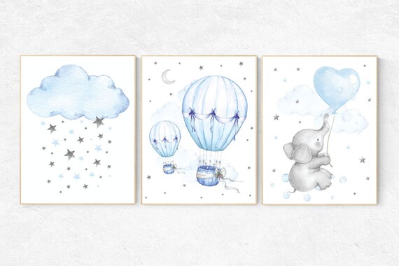 Nursery decor boy elephant, Nursery decor boy hot air balloon, elephant balloon, baby room decor, blue and gray nursery, nursery prints