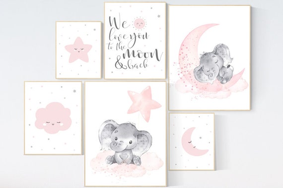 Nursery wall art girl elephant, pink grey, nursery decor girl pink, we love you to the moon and back, moon and stars, baby room decor girl