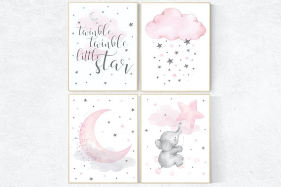 Nursery decor girl, Nursery decor elephant, nursery decor pink and gray, twinkle twinkle little star, pink nursery art, cloud and stars