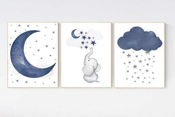 Navy nursery decor, moon and stars, navy blue nursery art. baby room wall art, boy nursery decor, set of 3, nursery prints boy, elephant art