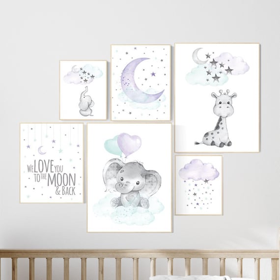 Elephant, giraffe, nurser decor girl, Purple mint nursery wall art, Nursery decor girl purple, lilac nursery print, lavender, lilac mint