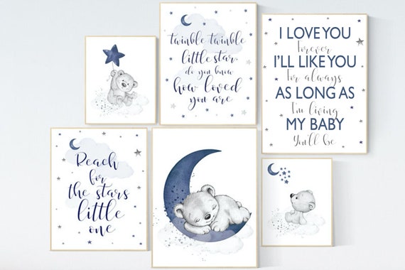 Nursery decor boy bear, boy nursery, moon and stars, navy nursery, boy nursery art, we love you to the moon and back