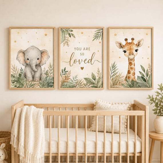 Safari Nursery Wall Art Set of 3, Elephant and Giraffe Prints,